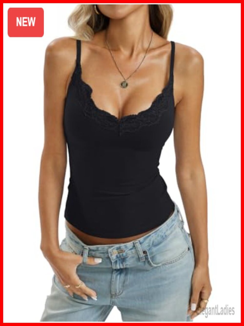 Lace Camisole Cotton V Neck Slim Fitted Tank Top with Adjustable Straps
